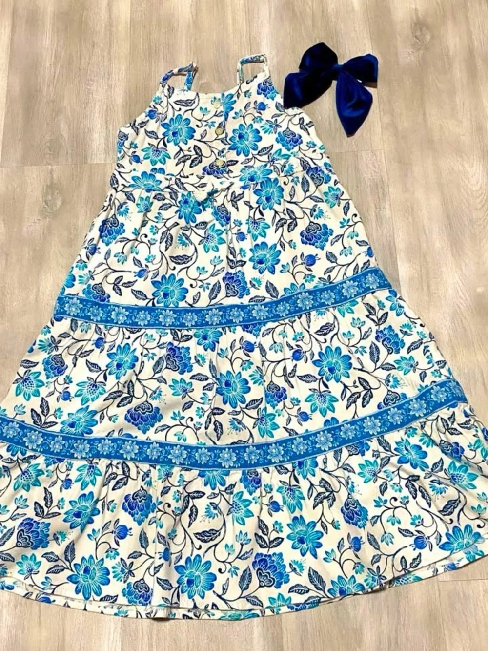 Old Navy White Sundress with Blue Floral Print and Bow